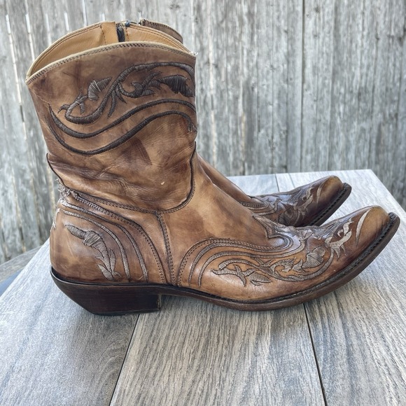 Damy Cowboy Ankle Boots Men 10/ 43 Brown Leather Embroidered Side Zip Italy Made - Picture 3 of 15